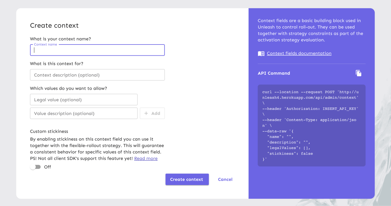 A &quot;create context field&quot; form. It contains data for a custom context field called &quot;region&quot;. Its description is &quot;allows you to constrain on specific regions&quot; and its legal values are &quot;Africa&quot;, &quot;Asia&quot;, &quot;Europe&quot;, and &quot;North America&quot;. Its custom stickiness value is not shown.